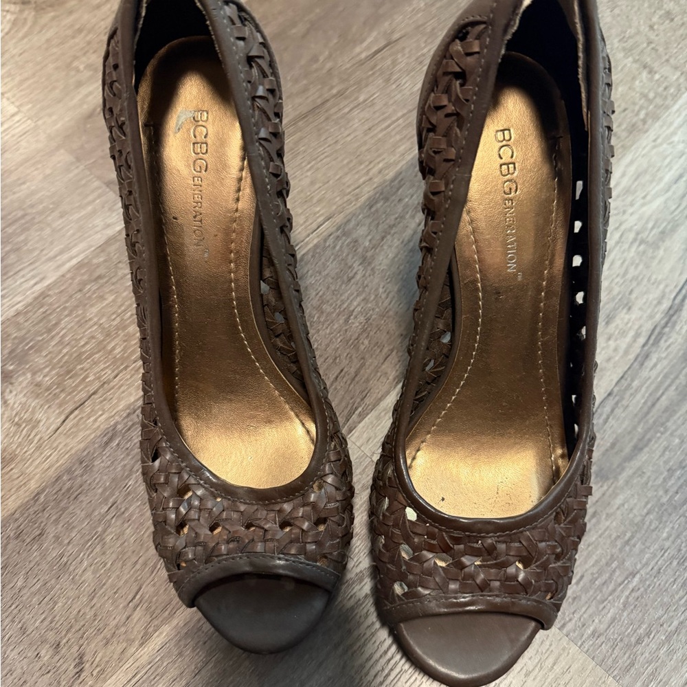 BCBGeneration Dark Brown Woven Peep-Toe Heels
